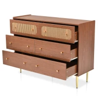 Rattan Sideboard Cabinet with 2 Perforated Rattan-Front Drawers, Walnut 6-Drawer Dresser for Lounge or Dining Areas, 120L x 40W x 90H cm, Walnut(m-13)