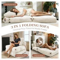 3-in-1 Convertible Corduroy Floor Sofa Bed with Side Pockets, Oversized Chaise Lounge with High-Density Sponge, 87L x 86W x 40H cm, White(m-4)