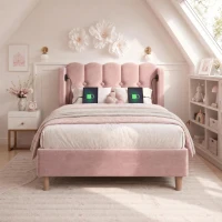 Practical Single Bed with USB and Type-C Charging Ports, Cozy Bed Frame with Grille Design Panel Headboard, 197L x 103W x 103H cm, Pink(m-7)