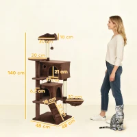 PawHut Árbol Rascador para Gatos 140 cm con Plataformas Cama 2 Cuevas Hamaca Escalera Postes de Sisal Marrón(m-3)