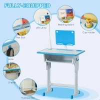 HOMCOM Kids Desk and Chair Set Adjustable Height Study Table Set with Drawer, Book Stand, Pen Slot - Blue(m-5)