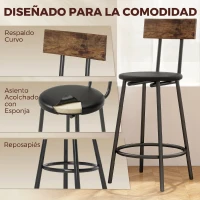 HOMCOM Set de 2 Taburetes de Bar con Respaldo y Reposapiés Tapizados en PU 41x47x92 cm Negro(m-4)
