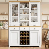 Kitchen Pantry Cabinet with Wine Rack and Adjustable Shelves, Glass-Door Buffet Sideboard with 5 Deep Drawers, 120L x 40W x 185H cm, White(m-7)