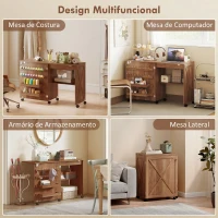 HOMCOM Mesa para Máquina de Costura Dobrável com Porta Magnética, 2 Compartimentos, Prateleira, 18 Suportes para Linhas e 5 Rodas, Castanho(m-6)
