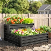 Outsunny Jardinera Exterior de Acero con Diseño de Escalera para Cultivos Plantas Flores 120x101x58 cm Gris Oscuro(m-9)