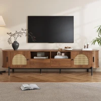 Space-Saving TV Stand with 2 Sliding Doors and 2 Drawers, Stylish TV Cabinet with Rattan Doors and Metal legs, 200L x 40W x 50H cm, Walnut(m-1)