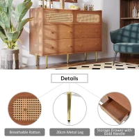 Rattan Sideboard Cabinet with 2 Perforated Rattan-Front Drawers, Walnut 6-Drawer Dresser for Lounge or Dining Areas, 120L x 40W x 90H cm, Walnut(m-4)