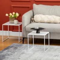 HOMCOM Lot de 2 tables basses gigognes, lot de 2 tables gigognes de salon, modulables, en acier, style industriel, blanc mat(m-7)