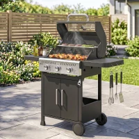Outsunny Barbacoa de Gas con 3 Quemadores 7,5 kW Termómetro Parrilla Plancha Mesas Laterales Armario Ruedas 125x57x110 cm Negro(m-9)