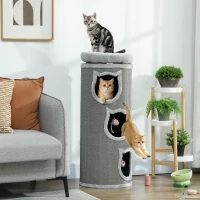 PawHut Katzenkratzfass, 96 cm, 4-Ebenen-Katzenturm mit waschbarem Bett, 3 Schlafhöhlen, Hängespielzeug, für mehrere Katzen Grau(m-10)
