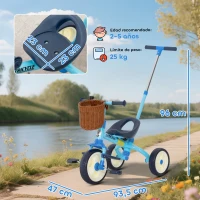 AIYAPLAY Triciclo para Bebés 2 en 1 para 2-5 Años con Barra Parental Pedales Antideslizantes, Reposapiés Plegables y Cesta Azul(m-3)