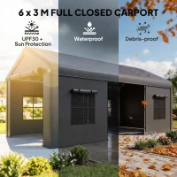 Outsunny 3 x 6 m Heavy Duty Carport, Portable Garage Car Canopy Tent with Galvanised Frame, Doors, Windows, Dark Grey(m-4)