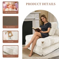 3-in-1 Convertible Corduroy Floor Sofa Bed with Side Pockets, Oversized Chaise Lounge with High-Density Sponge, 87L x 86W x 40H cm, White(m-5)