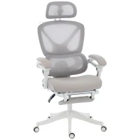 HOMCOM Cadeira de Escritório de Malha Reclinável com Apoio de Cabeça, Suporte Lombar, Apoio para os Pés e Altura Regulável, Cinzento Claro(m-12)