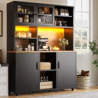 Tall Multi‑Purpose Storage Cabinet with App‑Controlled LED Lighting, Retro-Style Kitchen Hutch for Kitchen or Living Spaces, 140L x 40W x 185H cm, Black(m-1)
