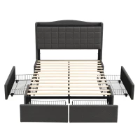 Spacious Upholstered Bed with 4 Under‑Bed Drawers, Cozy Bed Frame with Soft Headboard and Linen Surface, 208L x 140W x 111H cm, Grey(m-13)