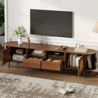 Space-Saving TV Stand with 2 Sliding Doors and 2 Drawers, Stylish TV Cabinet with Rattan Doors and Metal legs, 200L x 40W x 50H cm, Walnut(m-8)