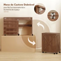 HOMCOM Mesa para Máquina de Costura Dobrável com Porta Magnética, 2 Compartimentos, Prateleira, 18 Suportes para Linhas e 5 Rodas, Castanho(m-5)