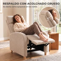 HOMCOM Sillón Reclinable Manual hasta 135° Tapizado en Lino Reposapiés Muelles Ensacados Respaldo Alto y Patas de Madera Beige(m-7)