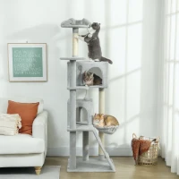 PawHut Árbol Rascador para Gatos 180 cm con Plataformas Cama 2 Cuevas Hamaca Escalera Postes de Sisal Gris Claro(m-2)