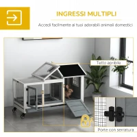 PawHut Conigliera in Legno da Interno ed Esterno con Ruote, Casetta, Tetto Apribile, Porte e Vassoio Estraibile, Grigio(m-5)