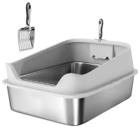 PawHut Katzentoilette Edelstahl Offene Katzenklo mit Schaufel hohem Rand für große Katzen bis 12 kg 69,8 x 50,3 x 29,8 cm Grau(m-1)