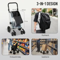 HOMCOM Einkaufstrolley, 46 Liter Tasche, Faltbarer Einkaufswagen mit Kühltasche, verstellbarer Griff, Aluminiumrahmen, Schwarz(m-4)