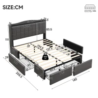 Spacious Upholstered Bed with 4 Under‑Bed Drawers, Cozy Bed Frame with Soft Headboard and Linen Surface, 208L x 140W x 111H cm, Grey(m-3)