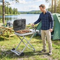 Outsunny Barbacoa de Gas Plegable con Quemador 2,5 kW Tapa Termómetro Mesa Lateral y 2 Ruedas Parrilla Recogedor Grasa Negro(m-8)