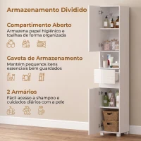 HOMCOM Armário Alto de Casa de Banho Estreito com Gaveta, Compartimento Aberto e Prateleiras Ajustáveis, Alto Brilho, Branco(m-7)