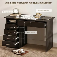 HOMCOM Bureau moderne avec 5 tiroirs, grand plateau, 1 compartiment ouvert, tiroir verrouillable, 110 x 50 x 76cm, noir(m-4)