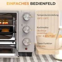 HOMCOM Minibackofen, 21 L Toasterofen mit 1 Drahtgestell und 1 Backblech, 3 Kochmodi, 100 °C-230 °C, Edelstahl, Glas, Silber(m-7)