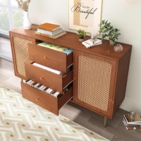 Rattan Sideboard Cabinet with 2 Perforated Rattan-Front Drawers, Walnut 6-Drawer Dresser for Lounge or Dining Areas, 120L x 40W x 90H cm, Walnut(m-1)