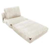 3-in-1 Convertible Corduroy Floor Sofa Bed with Side Pockets, Oversized Chaise Lounge with High-Density Sponge, 87L x 86W x 40H cm, White(m-9)