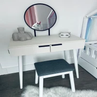 HOMCOM Modern Dressing Table with Round Mirror and Stool, Makeup Vanity Table with 2 Drawers for Bedroom, Living Room, 80 x 40 x 123 cm, White(m-11)