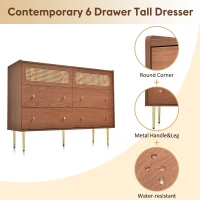Rattan Sideboard Cabinet with 2 Perforated Rattan-Front Drawers, Walnut 6-Drawer Dresser for Lounge or Dining Areas, 120L x 40W x 90H cm, Walnut(m-5)