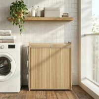 HOMCOM Cesto de Ropa Sucia de Bambú con Tapa 120L con 2 Bolsas con Cordón Extraíbles y Lavables Bolsillos Laterales Natural(m-9)