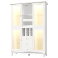 White Wine Cabinet with App-Controlled RGB LED Lighting, Adjustable-Dlass-Shelf Showcase with Wine Rack and Glass Holder, 120L x 40W x 180.5H cm, White(m-10)
