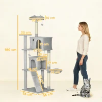 PawHut Árbol Rascador para Gatos 180 cm con Plataformas Cama 2 Cuevas Hamaca Escalera Postes de Sisal Gris Claro(m-3)