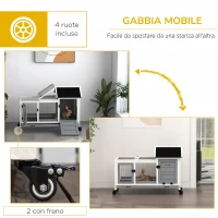 PawHut Conigliera in Legno da Interno ed Esterno con Ruote, Casetta, Tetto Apribile, Porte e Vassoio Estraibile, Grigio(m-7)