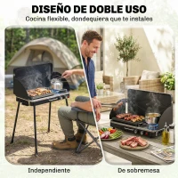 Outsunny Barbacoa de Gas Portátil 2 en 1 Propano 7 kW de Mesa o de Pie con Plancha Grande Patas Desmontables Negro(m-5)