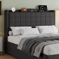 Spacious Upholstered Bed with 4 Under‑Bed Drawers, Cozy Bed Frame with Soft Headboard and Linen Surface, 208L x 140W x 111H cm, Grey(m-7)