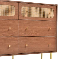 Rattan Sideboard Cabinet with 2 Perforated Rattan-Front Drawers, Walnut 6-Drawer Dresser for Lounge or Dining Areas, 120L x 40W x 90H cm, Walnut(m-8)