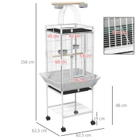 PawHut Vogelkäfig, Papageienkäfig mit 3 Türen, 2 Sitzstange, 360° Rollen, Futternapf, Ablage, Freisitz, 62,5x62,5x156cm, Weiß(m-3)