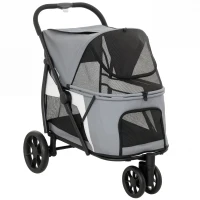 PawHut Hundewagen Faltbar Hundebuggy mit waschbarem Kissen, Netzfenstern, 3 Räder, für mittelgroße Hunde bis 20 kg, Grau(m-1)