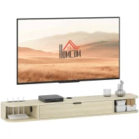HOMCOM Meuble TV suspendu, meuble télé pour téléviseur jusqu'à 60 pouces, tiroir rabattable 2 étagères 140x24x16cm bois naturel(m-11)