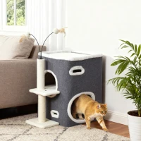 PawHut Katzenkratzbaum, Top-Liegefläche, 2-stöckiges Haus, Sisalpfosten, Grau(m-10)