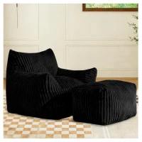 Ergonomic Lazy Sofa with High-Density Shredded Foam, Corduroy Bean Bag Chair for Balcony or Guest Room, 103L x 90W x 70H cm, Black(m-1)