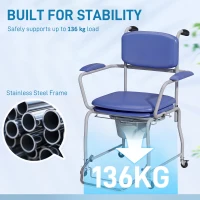 HOMCOM Scaun WC Mobil cu Roți 3 în 1, PU Oțel Inoxidabil, Albastru(m-7)