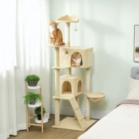 PawHut Árbol Rascador para Gatos 180 cm con Plataformas Cama 2 Cuevas Hamaca Escalera Postes de Sisal Beige(m-2)